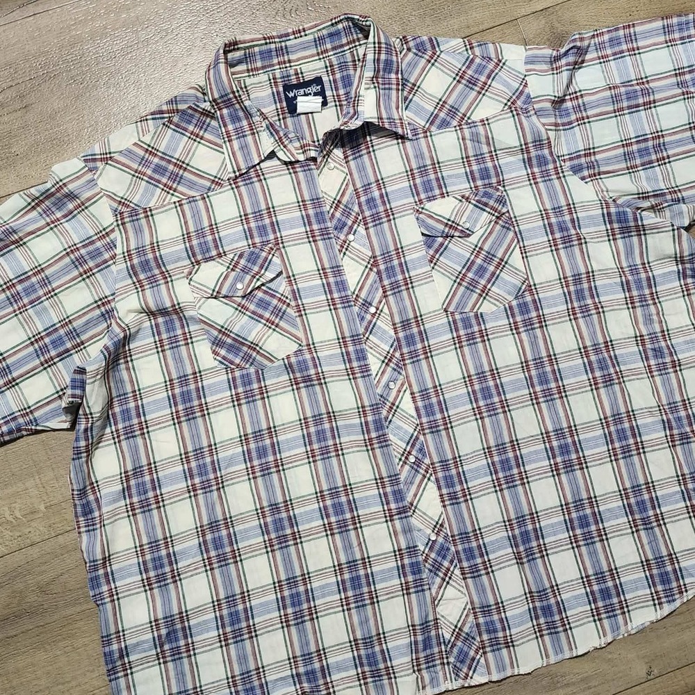 Wrangler Western Shirt Mens 4X Big White Blue Plaid Pearl Snap Short Sleeve 4XL‎